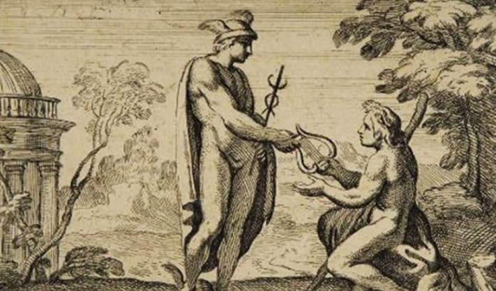 When Hermes handed Apollo a brand-new lyre to say 'I'm sorry,' what mischief was he actually apologizing for?